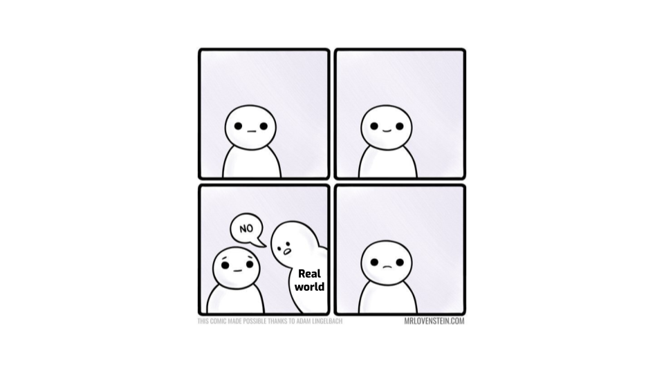A slide with a four-panel comic adapted from a comic by Mr. Lovenstein. The
first panel shows someone with a neutral face. The second panel shows the same
person with a slightly smiling face. The third panel has a second character,
labeled "real world", coming from the right side and saying "No". The fourth
panel has the original character frowning.