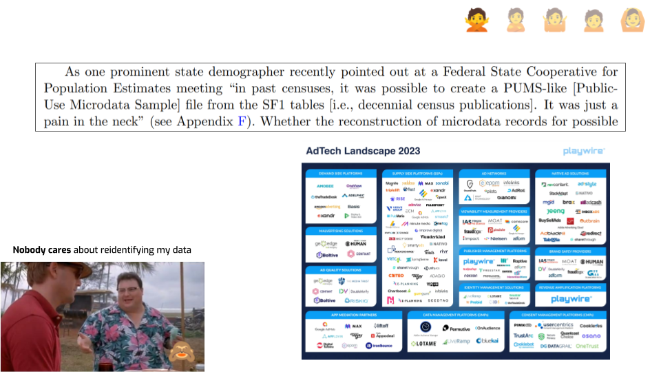 A slide with the "Nobody cares about reidentifying my data" picture from the
previous slide and additional elements. A screenshot from a paper reads "As one
prominent state demographer recently pointed out at a Federal State Cooperative
for Population Estimates meeting “in past censuses, it was possible to create a
PUMS-like [PublicUse Microdata Sample] file from the SF1 tables [i.e., decennial
census publications]. It was just a pain in the neck”". An infographic shows
dozens of ad tech companies in different parts of the ad tech
industry.