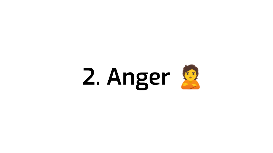 A slide with a large title: 1. Anger, followed by the "person pouting"
emoji.