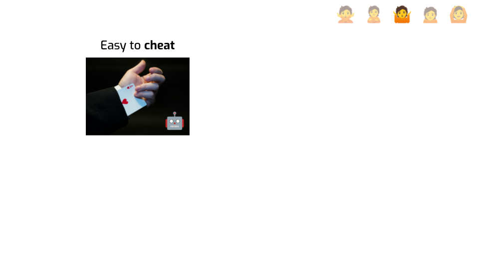 A picture of someone's arm; they're hiding an ace in their jacket, labeled
"Easy to cheat". A robot emoji is added to the
picture.