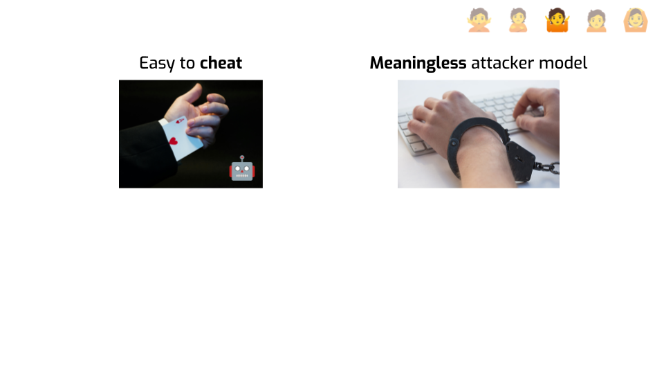 The same slide as before with an additional picture of someone using a
keyboard while handcuffed, labeled "Meaningless attacker
model".