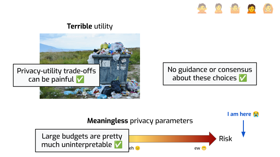 The same slide as before, with additional boxes superposed on top of the
previous elements. One reads "Privacy-utility trade-offs can be painful".
Another one reads "No guidance or consensus about these choices". A third one
reads "Large budgets are pretty much uninterpretable". They all end with a green
checkmark emoji.