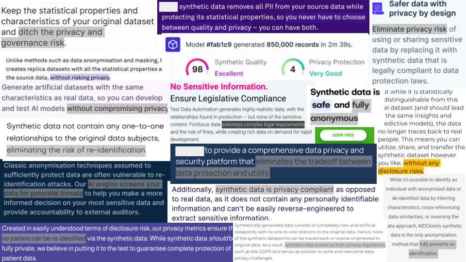 A slide where the background covered is in screenshots from websites of
commercial providers of synthetic data technology, with marketing singing the
praises of synthetic data's privacy guarantees.