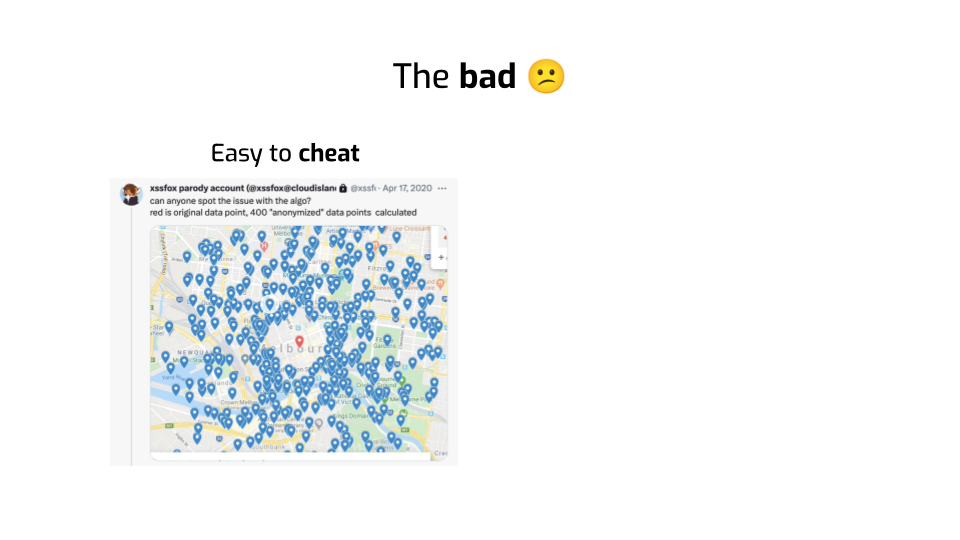 A slide with "The bad" as a title, with a frowning emoji. On the left side, a
screenshot of a tweet is labeled "Easy to cheat", the tweet is from "xssfox
parody account" and reads "can anyone spot the issue with this algo? red
original data point, 400 "anonymized" data points calculated. The image
accompanying the tweet shows a map with a red marker, then a wide empty circle
around the red marker, then a bunch of blue markers around the circle, some
further than others.
