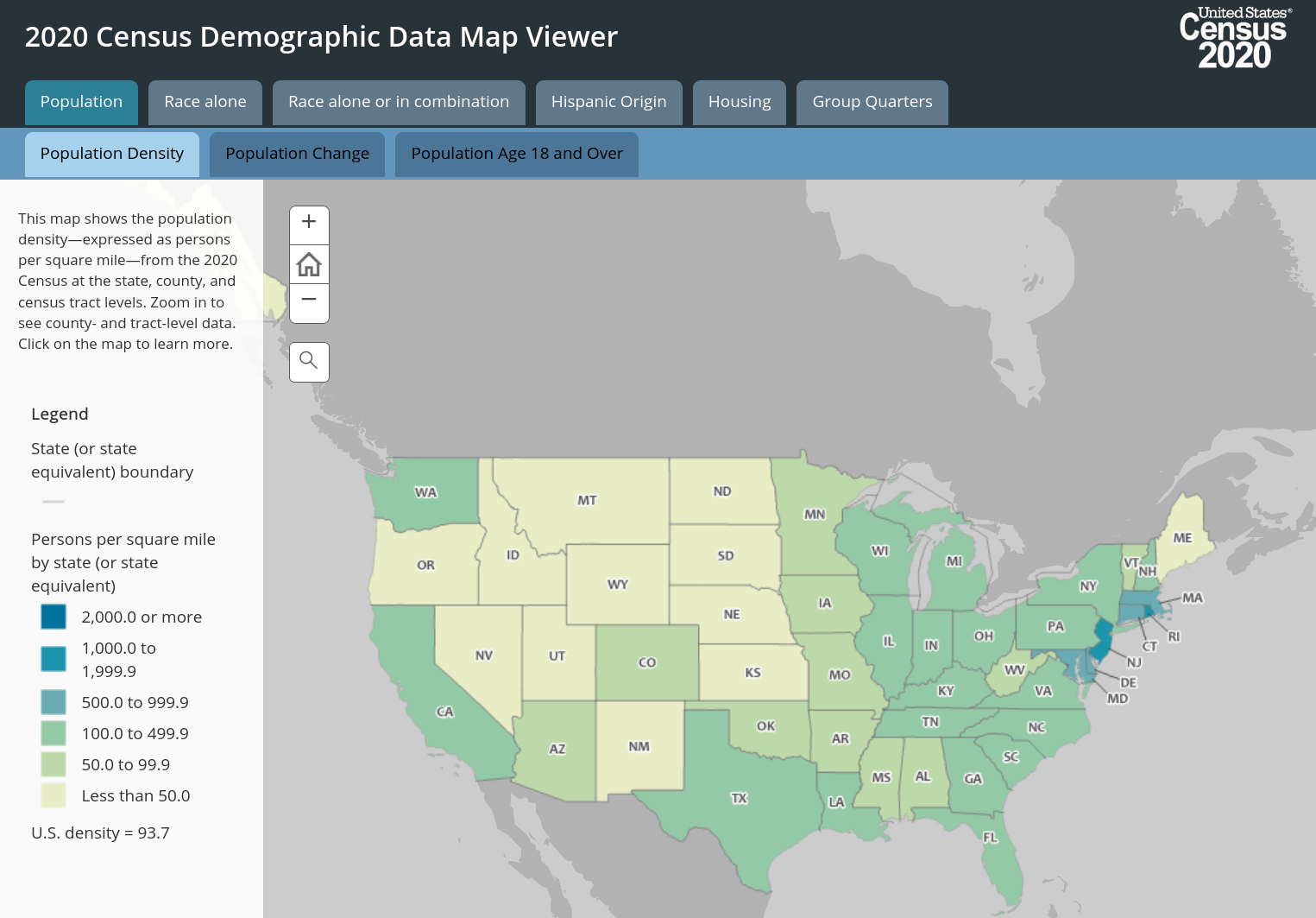 A screenshot from the 2020 Census Demographic Data Map Viewer