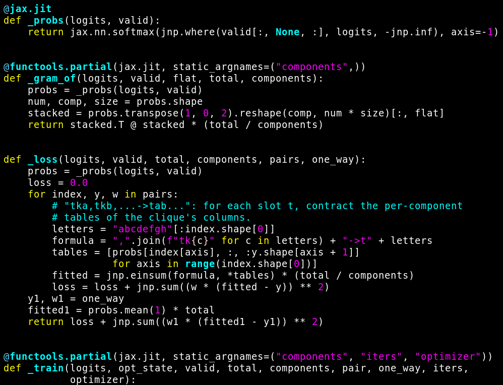 A screenshot of Python code doing some machine learning stuff with JAX and
JIT. It looks scary. I don't understand any of it.
