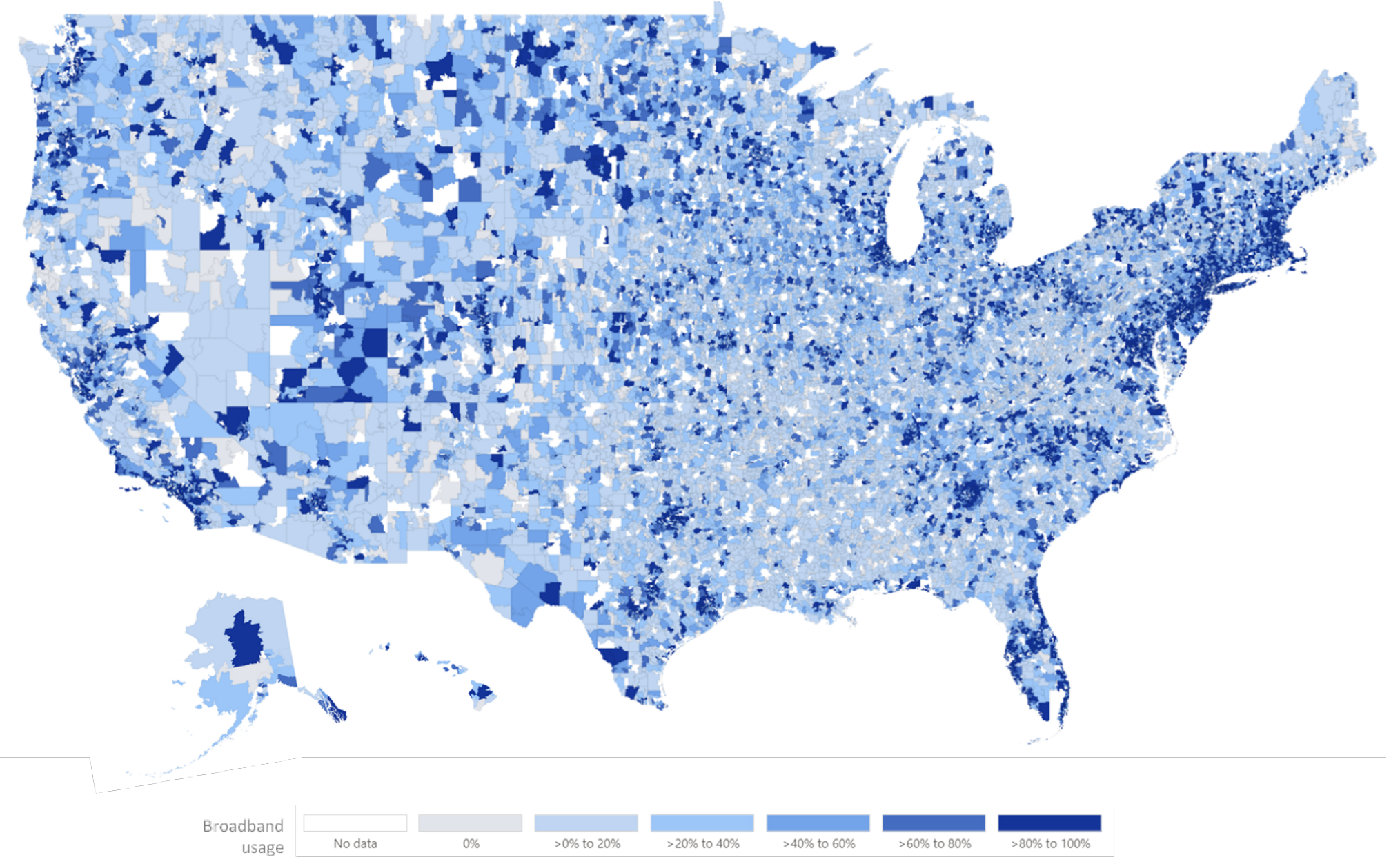 A map of the US where each postal code is colored according to the fraction of devices using broadband