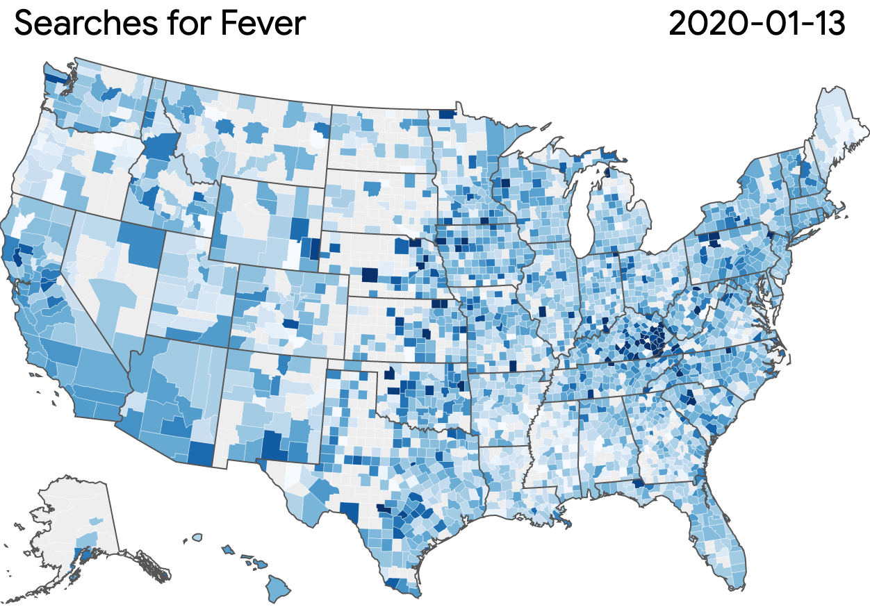 An animated visualization of searches for Fever in the US through 2020, using Google's Search Trends Symptoms Dataset