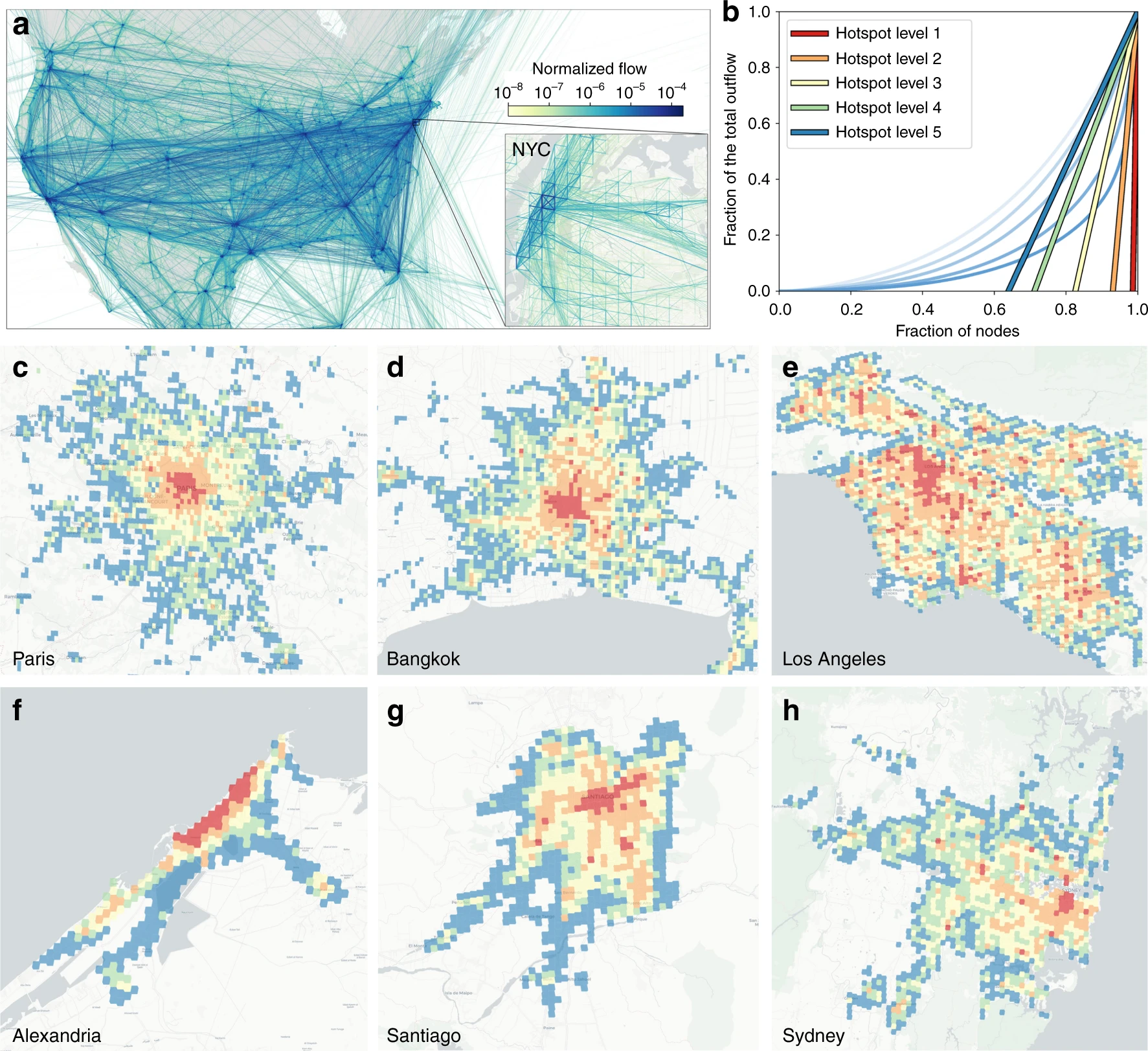 Figure 1 from the paper linked below, showing visualizations of mobility and location hotspots in 7 large cities